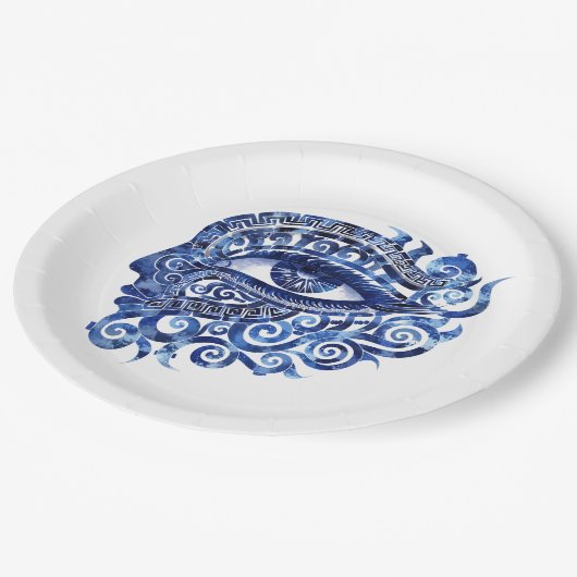 Abstraktes griechisches böses Auge mit griechische Pappteller (Schrägansicht)