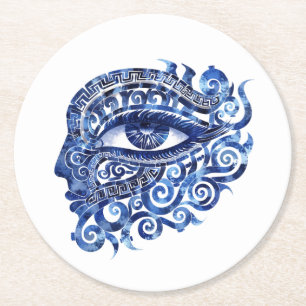 Abstraktes griechisches böses Auge mit griechische Runder Pappuntersetzer