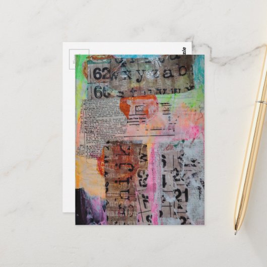 Abstraktes Grunge-Zahlen-Buchstaben-Collage Postkarte (Vorderseite/Rückseite Beispiel)