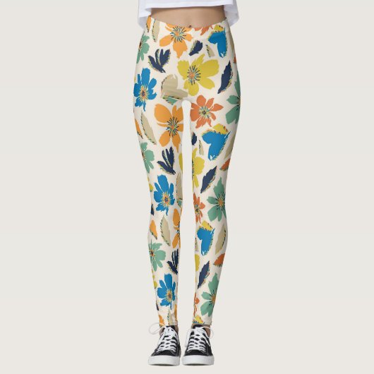 Abstraktes handgezeichnetes Boho-Blumenmuster Leggings (Vorderseite)