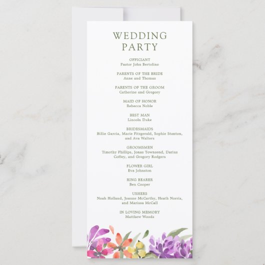 Abstraktes Hochzeitsprogramm für helle Tropenflora (Rückseite)