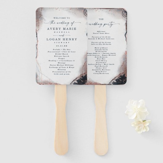 Abstraktes Hochzeitsprogramm für Navy und Rose Fächer (Vorne und Hinten)