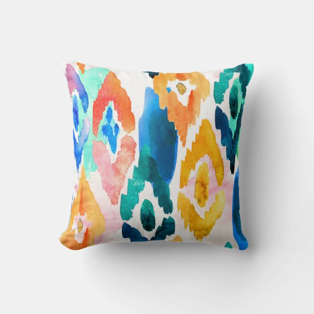 Abstraktes Ikat Muster Orange Green Blue Kissen (Vorderseite)