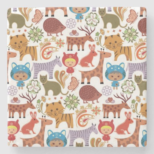 Abstraktes Kinder-und Tier-Muster Steinuntersetzer (Vorderseite)