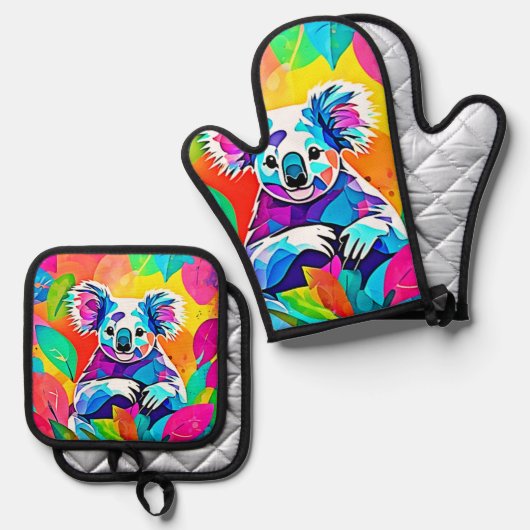 Abstraktes Koala-Design Ofenhandschuh & Topflappen-Set (Vorderseite/Rückseite)