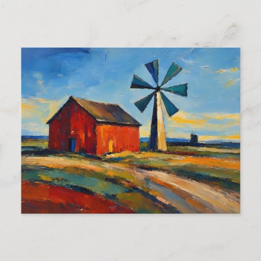 Abstraktes Kunstgemälde Rote Scheune und Windmühle Postkarte (Vorderseite)