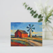 Abstraktes Kunstgemälde Rote Scheune und Windmühle Postkarte (Stehend Vorderseite)
