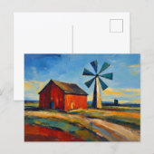 Abstraktes Kunstgemälde Rote Scheune und Windmühle Postkarte (Vorne/Hinten)