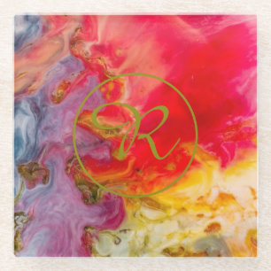 Abstraktes Kunstmonogramm Schatten Gold, Rot & Gel Glasuntersetzer