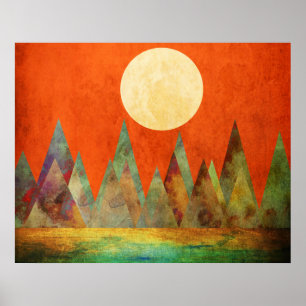 Abstraktes Landschaft Vollmond Berge Orangefarbene Poster
