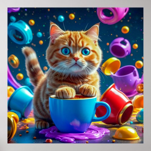 Abstraktes Leben: Kaffee, Katzen und buntes Chaos Poster (Vorne)