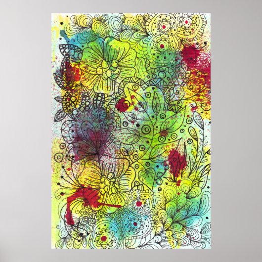 Abstraktes, lebendiges Blumendoodle-Line-Artwork Poster (Vorne)