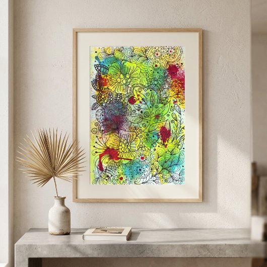 Abstraktes, lebendiges Blumendoodle-Line-Artwork Poster