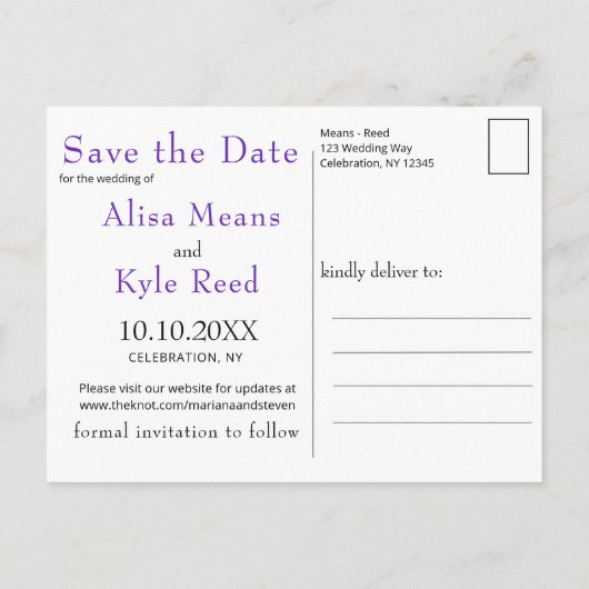 Abstraktes Lila Fuchsia-Gold Save the Date Ankündigungspostkarte (Rückseite)