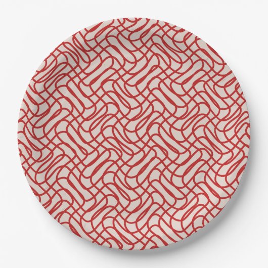Abstraktes Linienmuster in Creme und Rot Pappteller (Vorderseite)
