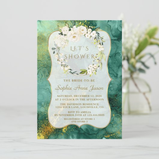 Abstraktes Malachite Gold Weißes Brautparty Einladung (Stehend Vorderseite)