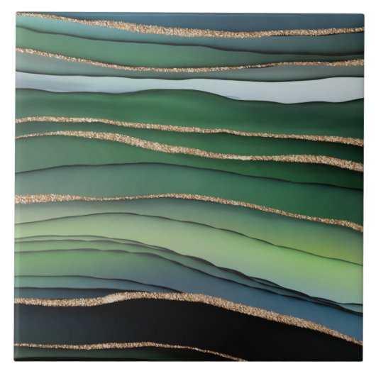 Abstraktes Marmormuster aus Grün und Gold Glitzer Fliese (Vorderseite)