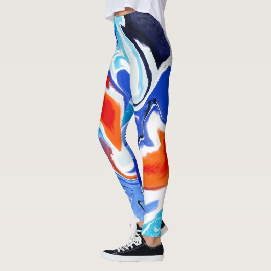 Abstraktes Marmorrot Orange Blaues Lila Muster Leggings (Links)