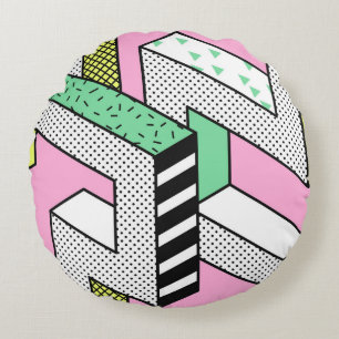 Abstraktes Memphis: Geometrische Formen der 80er J Rundes Kissen