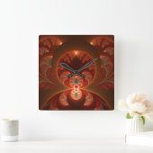 Abstraktes modernes, orangefarbenes Fraktal Quadratische Wanduhr (Zuhause)