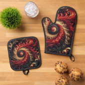 Abstraktes, modernes Rot, Schwarz und Gold Ofenhandschuh & Topflappen-Set (Oben Unten)