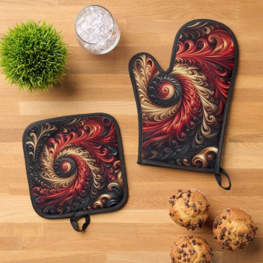 Abstraktes, modernes Rot, Schwarz und Gold Ofenhandschuh & Topflappen-Set (Oben Unten)