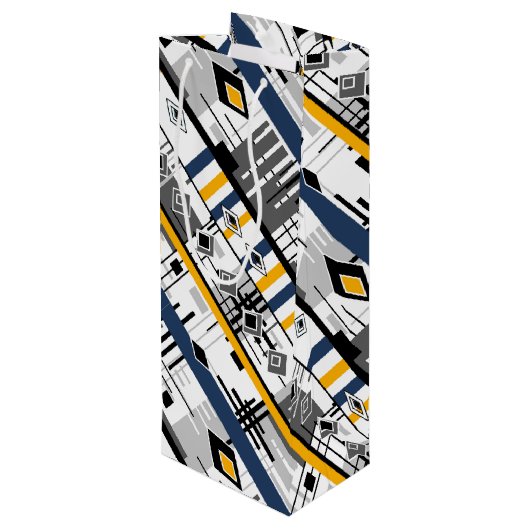 Abstraktes, modernes, Schwarz-weiß-gelbes Ornament Geschenktüte Für Weinflaschen (Rückseite Schrägansicht)