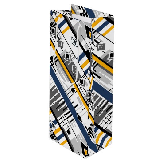 Abstraktes, modernes, Schwarz-weiß-gelbes Ornament Geschenktüte Für Weinflaschen (Vorderseite Schrägansicht)