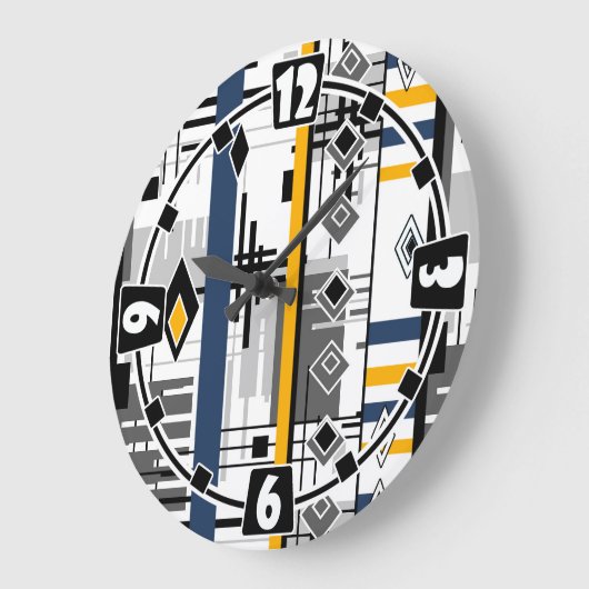 Abstraktes modernes Schwarz-weiß-gelbes Ornament Große Wanduhr (Winkel)