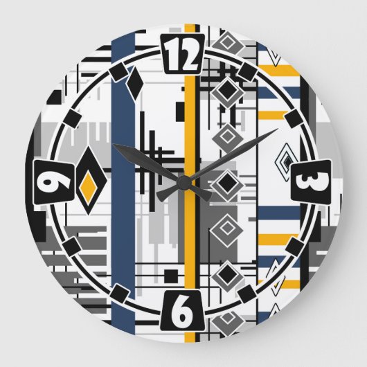 Abstraktes modernes Schwarz-weiß-gelbes Ornament Große Wanduhr (Vorderseite)
