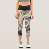 Abstraktes, modernes Swirbelgold, Schwarz und Weiß Capri Leggings (Vorderseite)