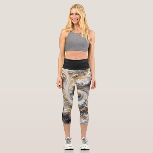 Abstraktes, modernes Swirbelgold, Schwarz und Weiß Capri Leggings (Vorderseite)