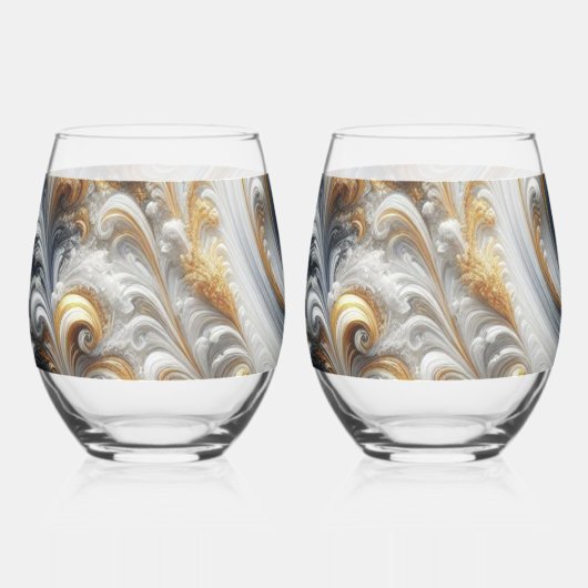 Abstraktes, modernes Swirbelgold, Schwarz und Weiß Weinglas Ohne Stiel (Vorderseite)