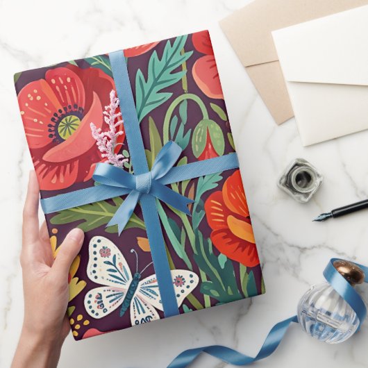 Abstraktes Mohn Schmetterlinge Geschenkpapier (Schenken)