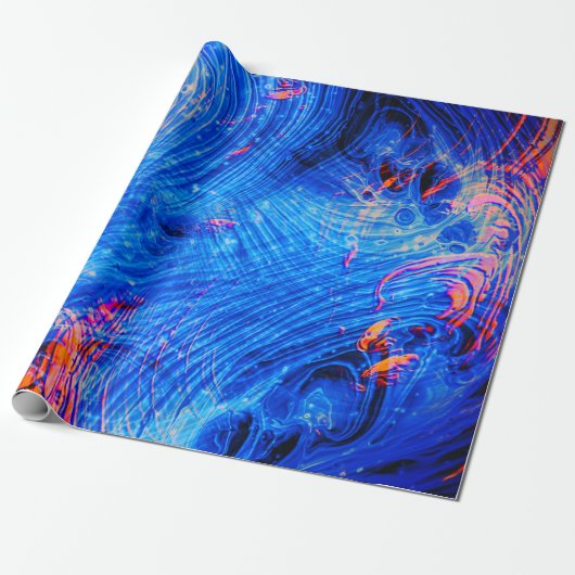 Abstraktes Molten Liquid Saphire Blue und Orange Geschenkpapier (Ungerollt)