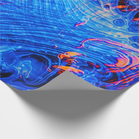 Abstraktes Molten Liquid Saphire Blue und Orange Geschenkpapier (Ecke)