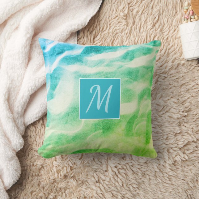 Abstraktes Monogram Green Blue Modern Kissen (Decke)