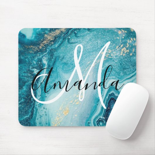 Abstraktes Monogramm aus blauem Marmor Mousepad (Mit Mouse)