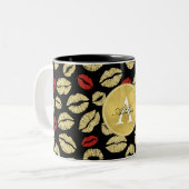 Abstraktes Monogramm aus Red Gold Black Lips Zweifarbige Tasse (Vorderseite Links)