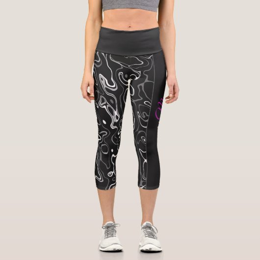 abstraktes Monogramm Schwarz-weißer Damaskus Capri Leggings (Vorderseite)
