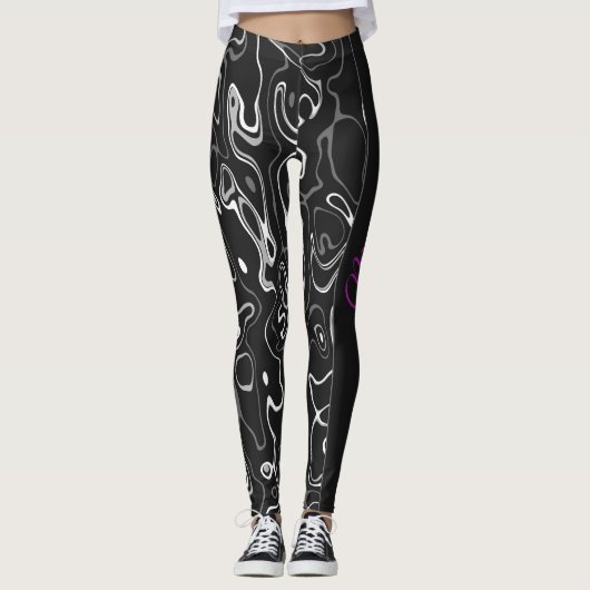 abstraktes Monogramm Schwarz-weißer Damaskus Leggings (Vorderseite)