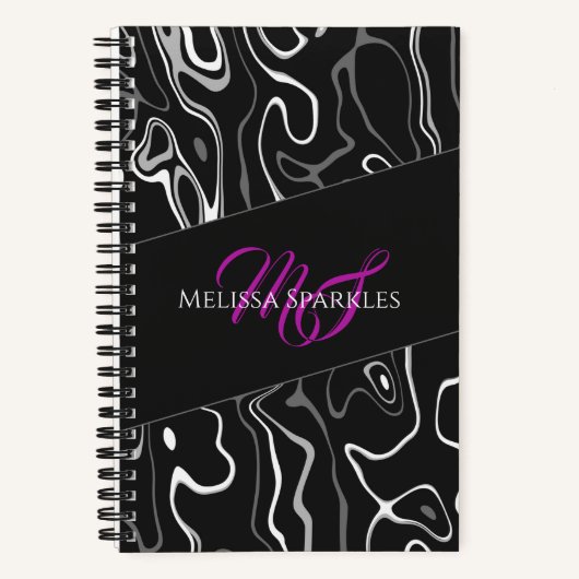 abstraktes Monogramm Schwarz-weißer Damaskus Notizblock (Vorderseite)