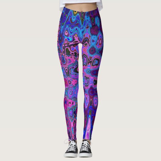 Abstraktes Mosaik-Rosa und blaues Wavy-Retro Leggings (Vorderseite)