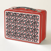 Abstraktes Muster der hellroten weißen Kreise Schw Metall Brotdose (Rückseite)