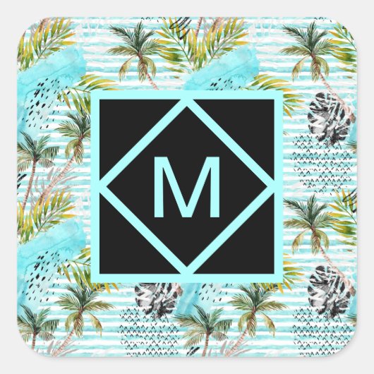 Abstraktes Muster der Wasserfarbenpalme Quadratischer Aufkleber (Vorderseite)