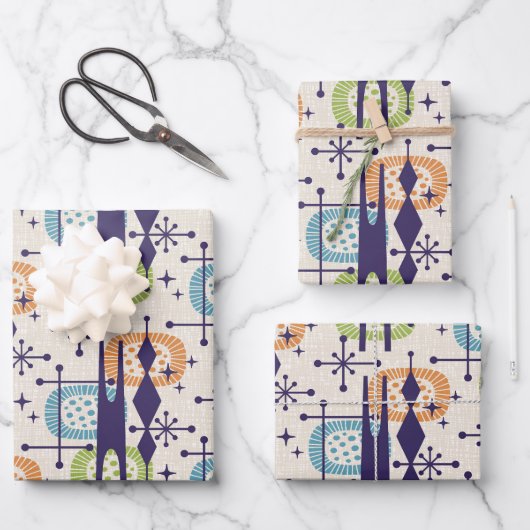 Abstraktes Muster des modernen Atomzeitalters Mitt Geschenkpapier Set (Vorderseite)