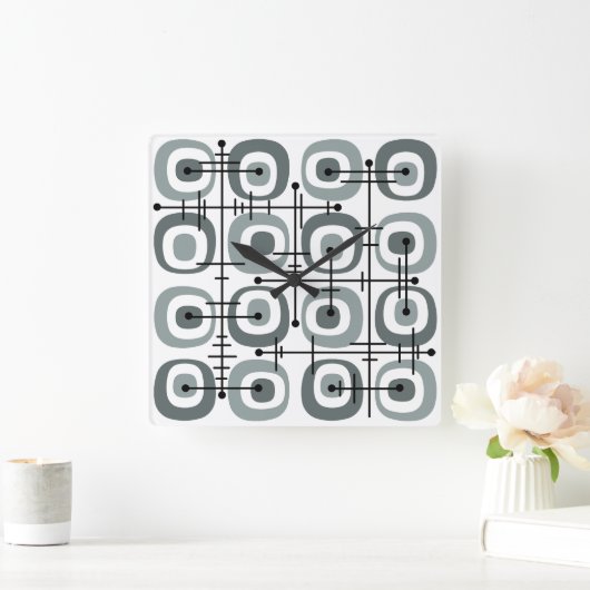 Abstraktes Muster Grau des MCM Mitteljahrhunderts Quadratische Wanduhr (Zuhause)