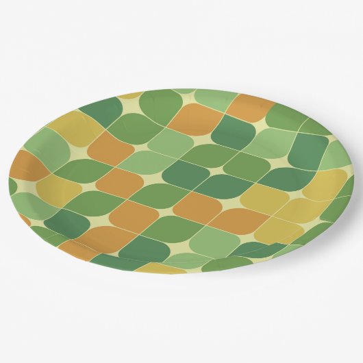 Abstraktes Muster, grün orange gelb, Mitte des Jah Pappteller (Schrägansicht)