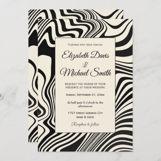Abstraktes Muster hinter schwarzem Swirn Einladung (Vorne/Hinten)