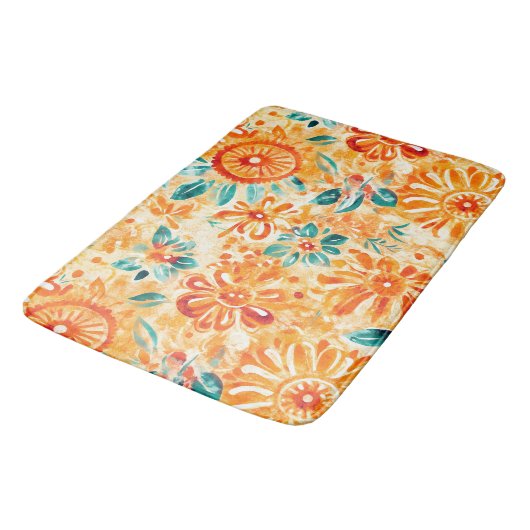 Abstraktes Muster Sonniger orangefarbener Duschvor Badematte (Schrägansicht)